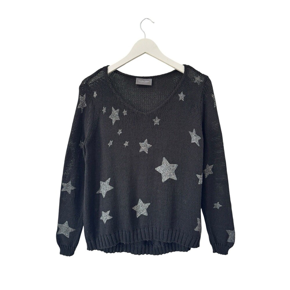 Wooden Ships Silver Stars Pullover Sweater Black Knit Cotton Blend Size X/S EUC